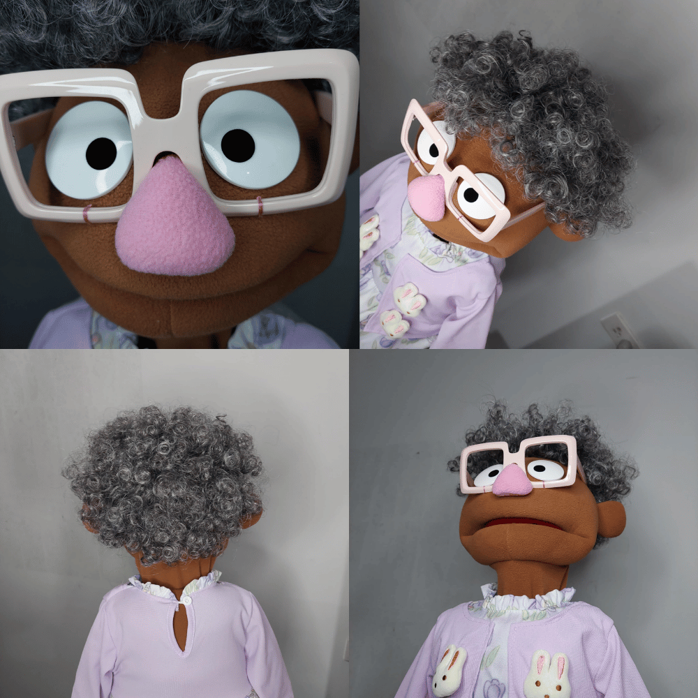 Grammy Sue – Brown Full-Body Grandma Hand Puppet with Rabbit Dress & Glasses | DHL Express Shipping Included