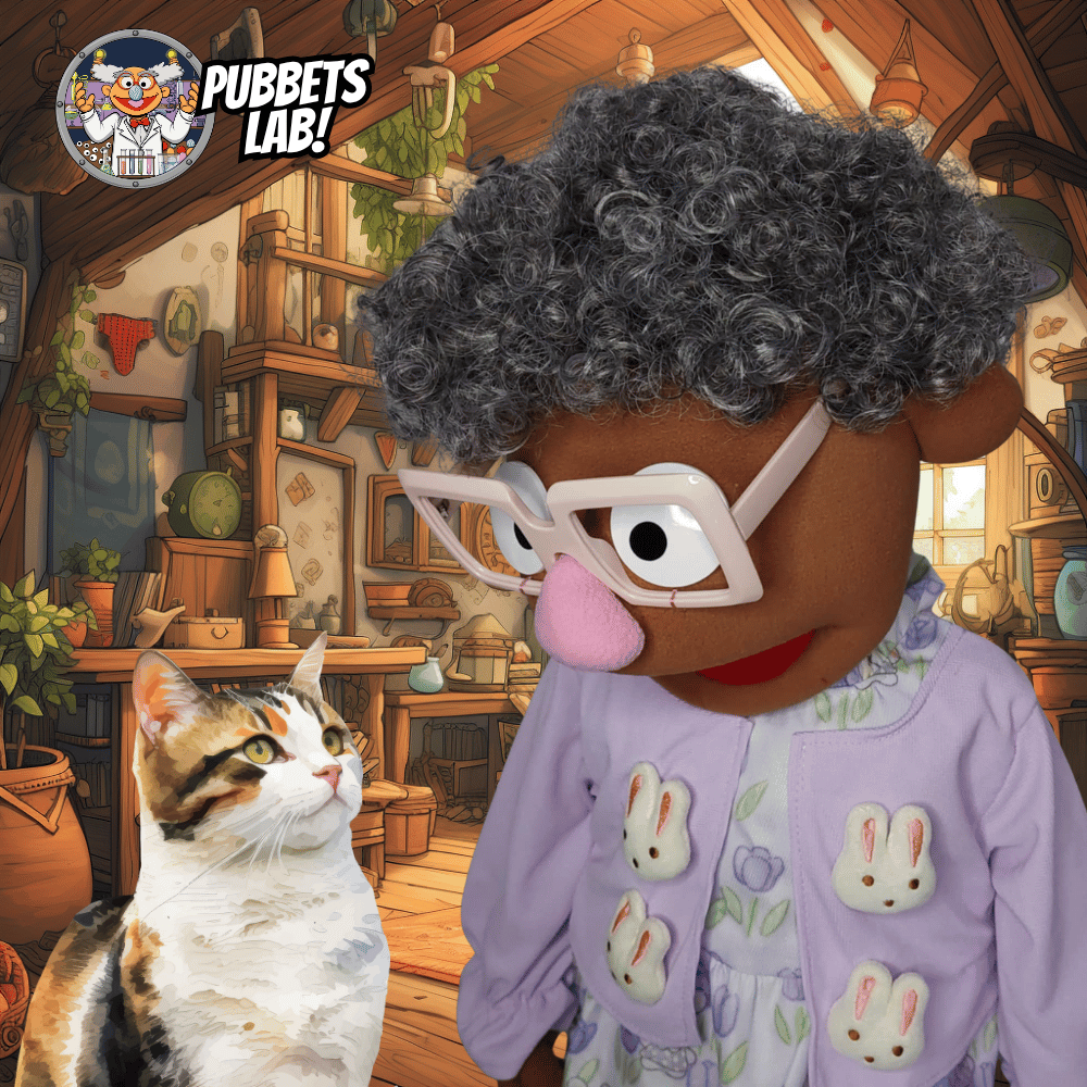 Grammy Sue – Brown Full-Body Grandma Hand Puppet with Rabbit Dress & Glasses | DHL Express Shipping Included