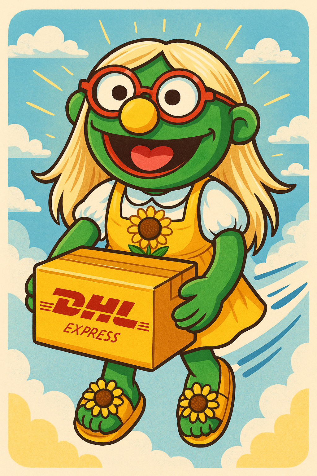 Courtney – Green Full-Body Hand Puppet with Blonde Wig & Sunflower Outfit | DHL Express Shipping Included!