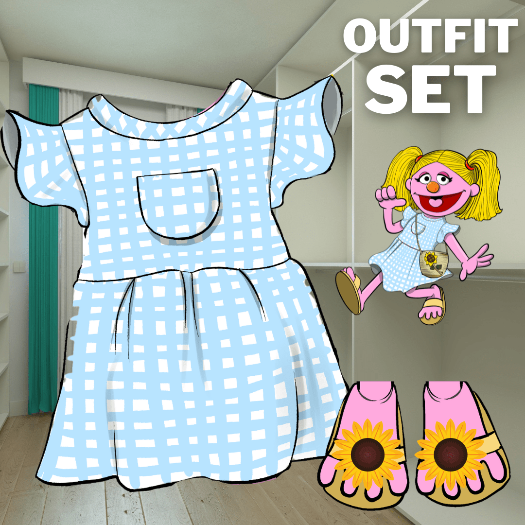 Pubbets Clothing Rosey Pubbet Outfit Set: Blue Gingham Dress and Sunflower Sandals