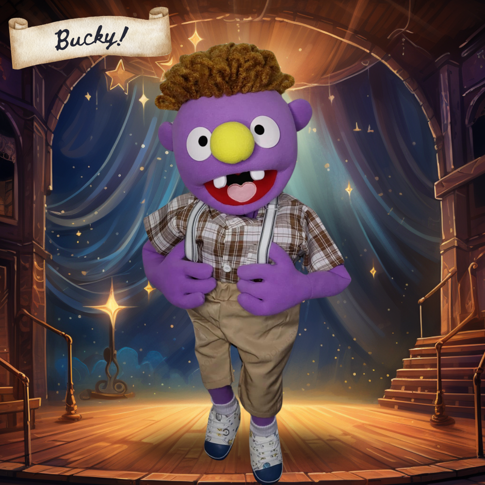 Bucky - Deluxe Full-Body Purple Puppet with Cute Buck Teeth & Vintage Outfit