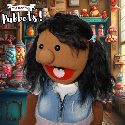 Zoey - Premium Dark Brown 28" Full-Body Puppet with Tutu Outfit & Black Wavy Hair