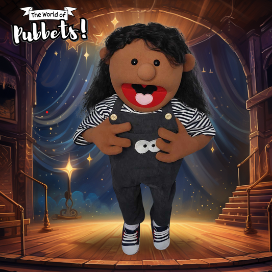 Misha - Premium Dark Brown 28" Full-Body Puppet with Outfit & Black Wavy Hair