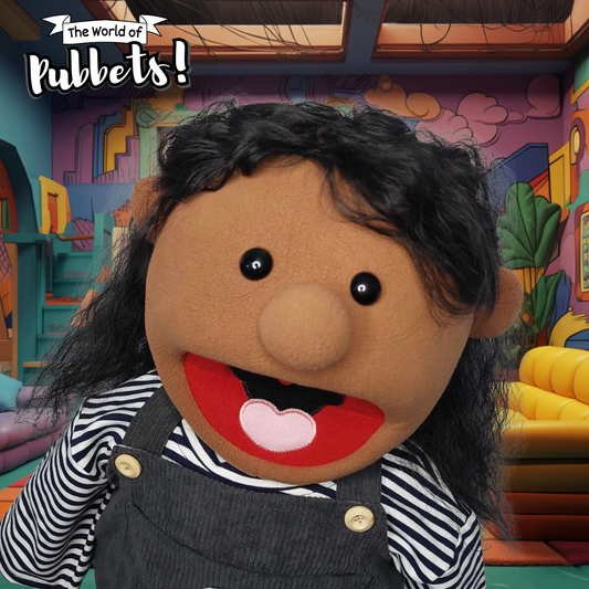 Misha - Premium Dark Brown 28" Full-Body Puppet with Outfit & Black Wavy Hair