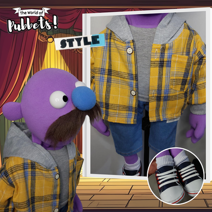 Merv - Premium 28" Full-Body Puppet with Stylish Plaid Jacket & Mustache | DISCOUNT - SMALL FAULT ON FACE