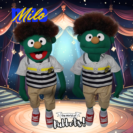Milo - Premium Dark Green 32" Full-Body Puppet with Outfit & Afro Hair